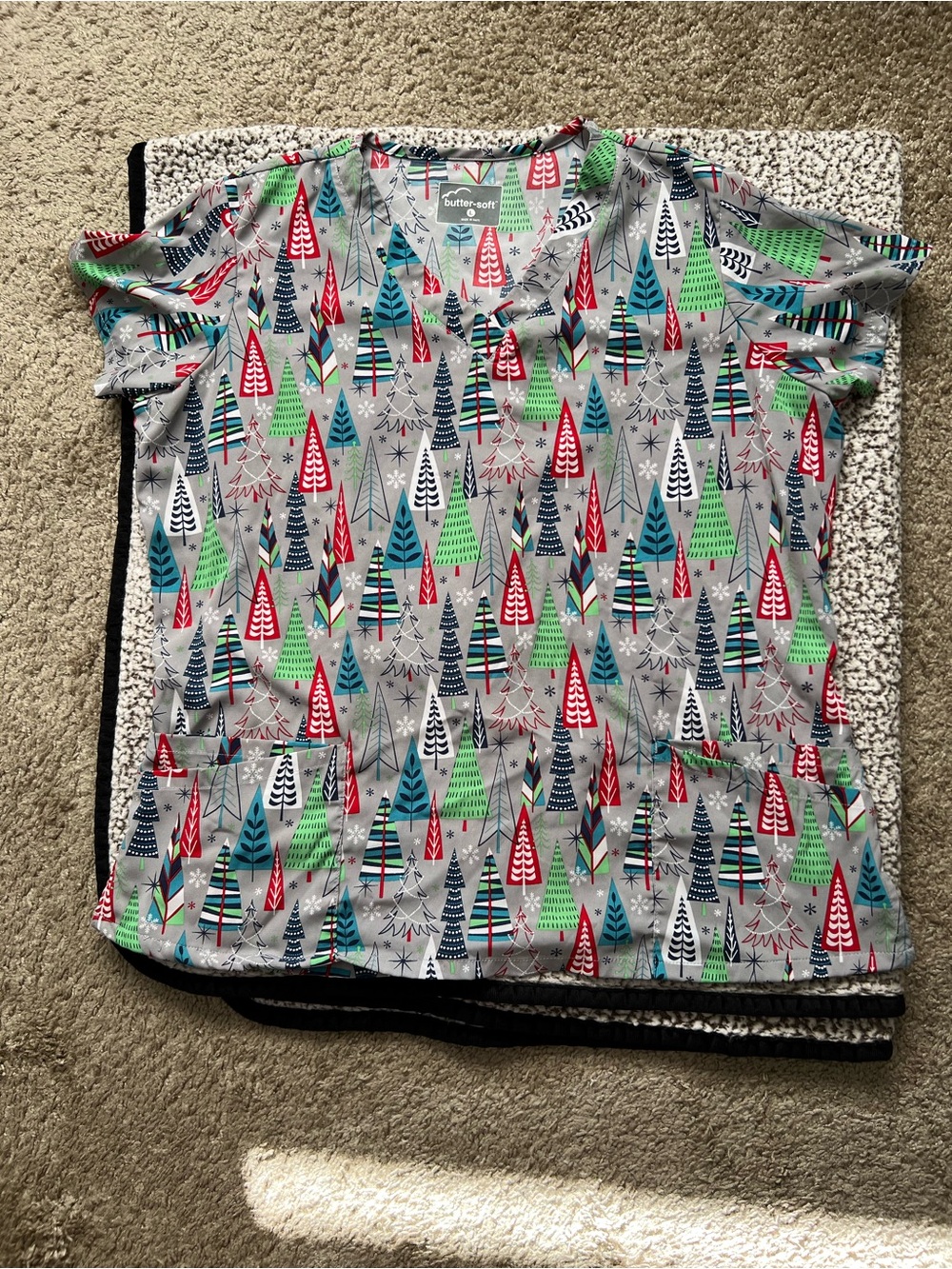 Uniform Advantage Gray Short Sleeve scrub top with Red, Green & Blue Tree Print